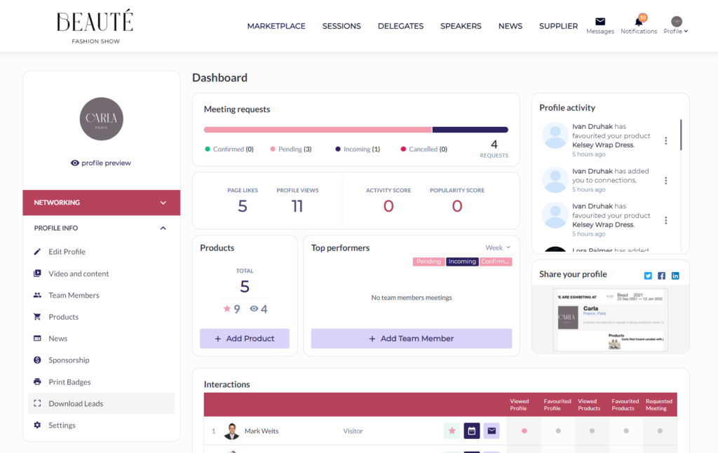 export through exhibitor's dashboard