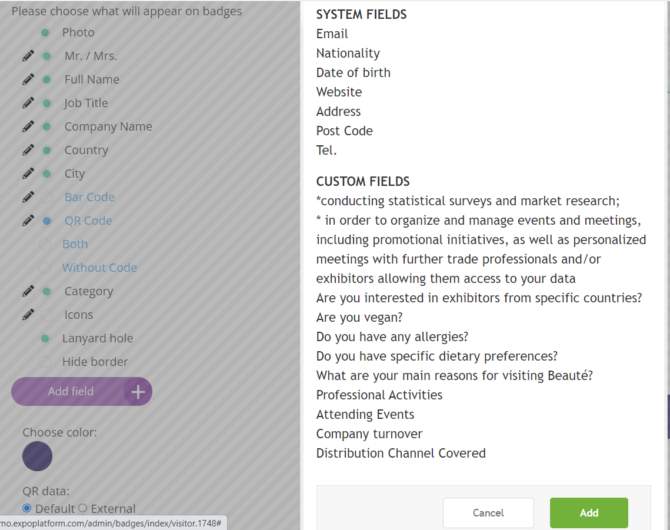 Custom fields for badges (print and digital) | ExpoPlatform