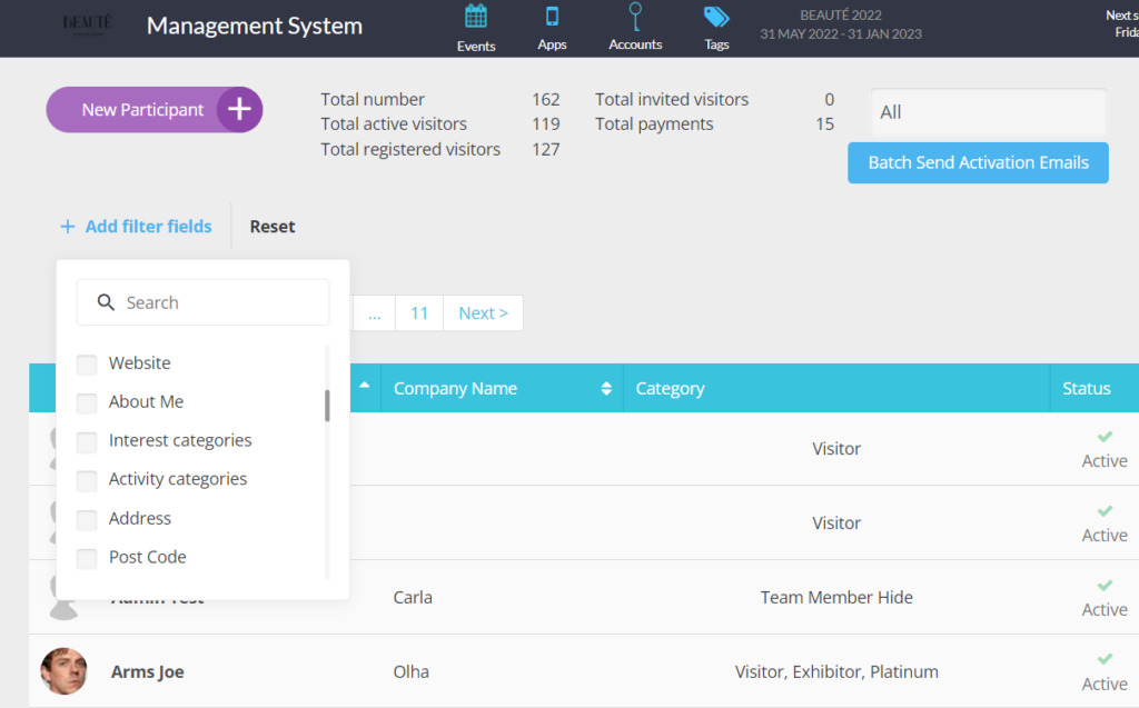 ability for the organizer to add new filters using any custom question that is part of the registration form or any system pre-defined field (eg. country, categories, nationality, etc.) add your filters from the list and apply them on visitors, exhibitors and meeting wizard (if enabled). remove filters and reset all filters easily.