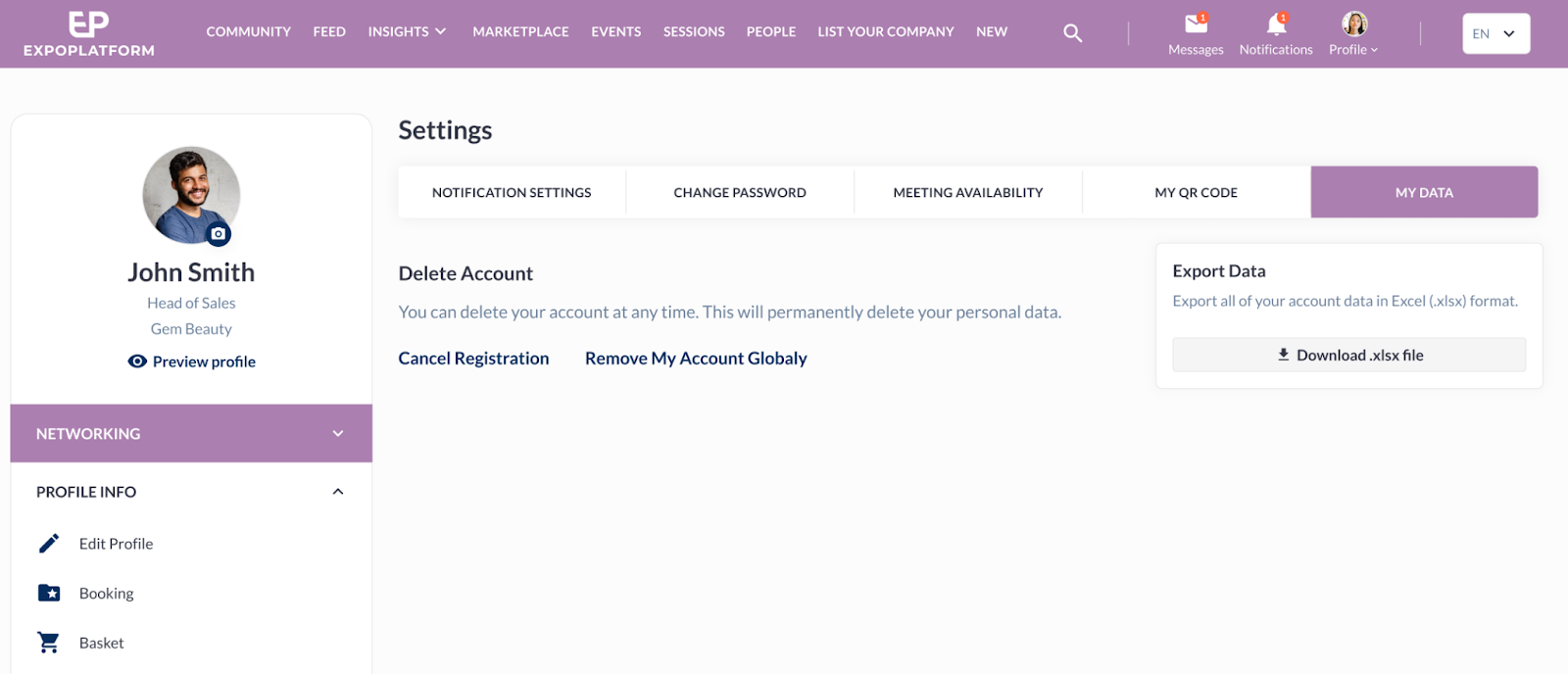 “My Data” Tab in Profile Settings | ExpoPlatform