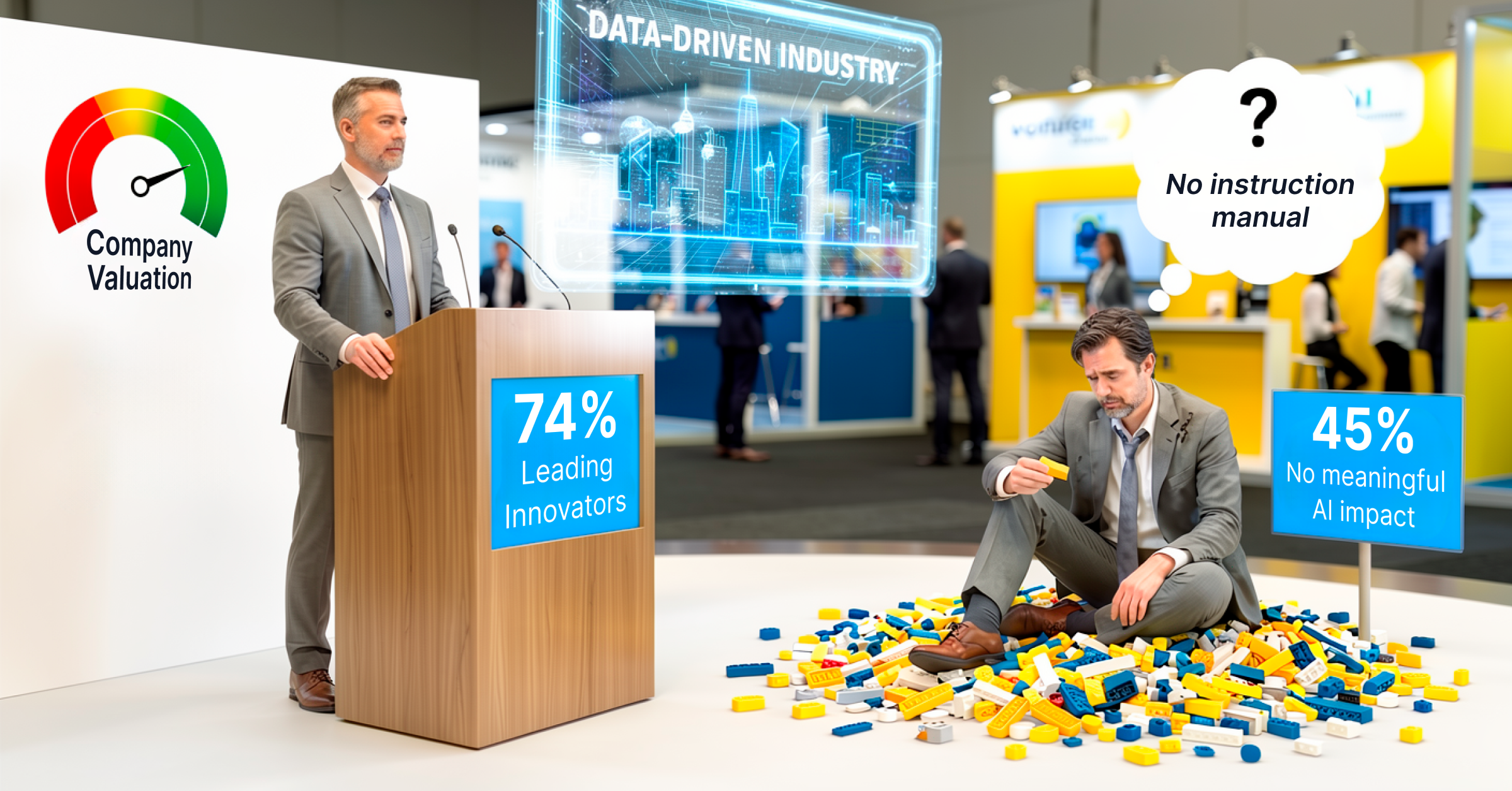 img | ExpoPlatform two exhibition executives displaying different emotions about ai reality.